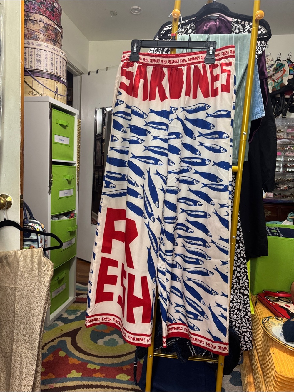 Bold Red, Blue & White Fish-Print Palazzo Pants-make me an offer!